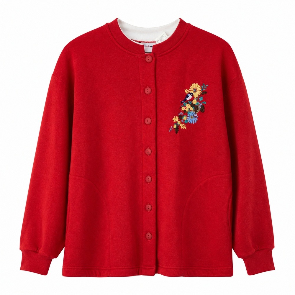 Vtg 90s NEW Bobbie Brooks Cardigan Sweatshirt Sz L Red Floral Bird Embroidered